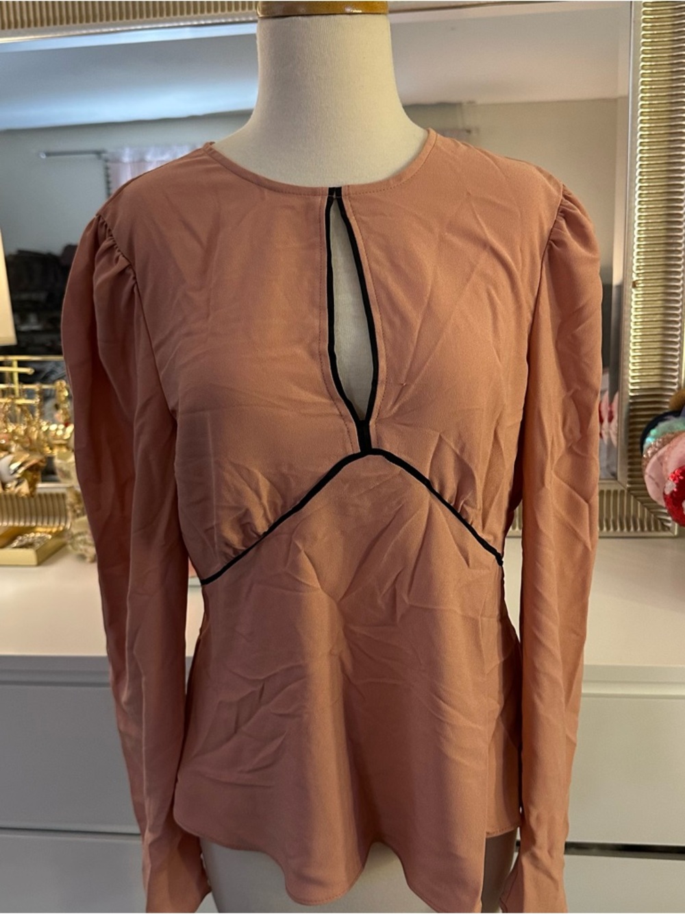 Topshop Dusty Rose Long-Sleeve Keyhole Top with Black Trim